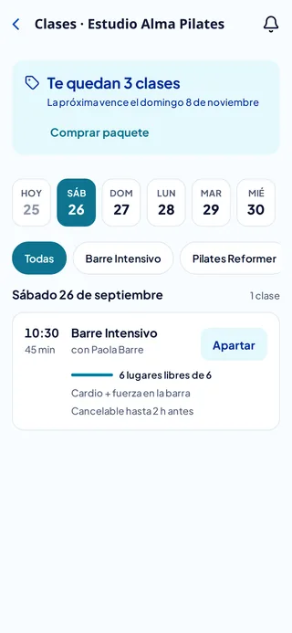Página pública de clases con cupo y créditos
