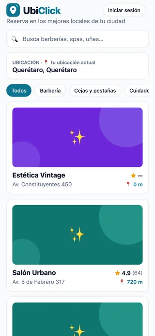 Pantalla de UbiClick mostrando negocios cercanos en Querétaro con calificación y distancia