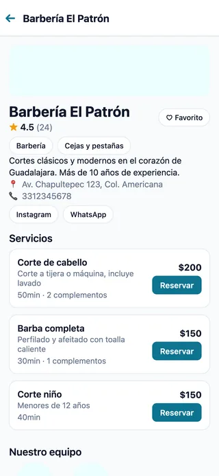 Página pública de un negocio en UbiClick con sus servicios y precios