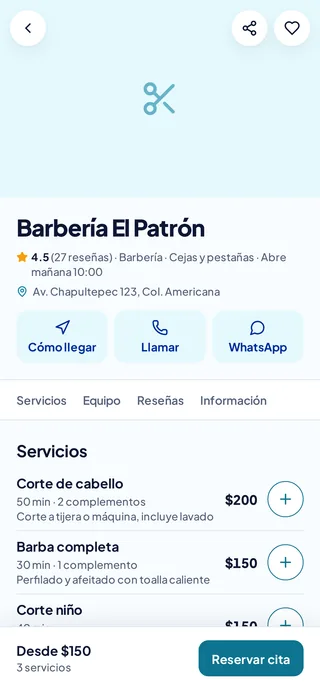 Página pública de un negocio en UbiClick