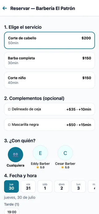 Pantalla de UbiClick para elegir día y horario disponible de una cita