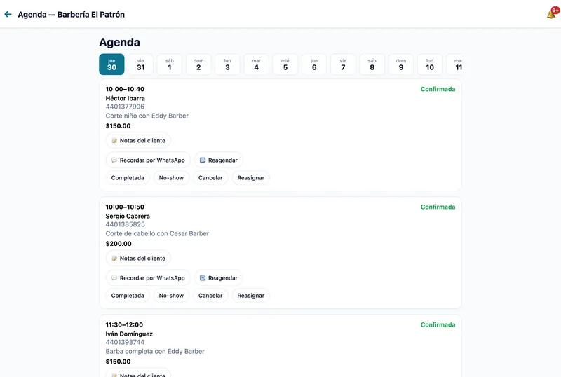 Agenda del día en UbiClick con tarjetas de cita y acciones para completar, reagendar, cancelar o recordar por WhatsApp