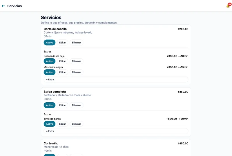 Tu carta de servicios, con precio y duración reales